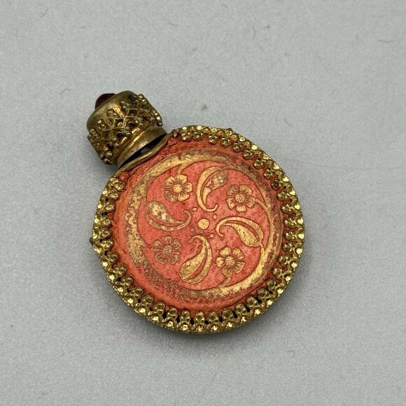 Vtg Mini Filigree Pink Ornate Perfume Glass Bottle with Brass Cap Glass Dipstick - Picture 4 of 6